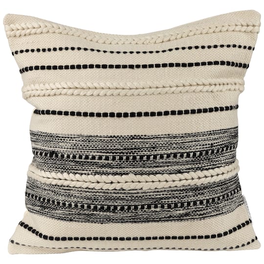 Cream & Black Twisted Textured Block Handloom Woven Outdoor Square Cushion